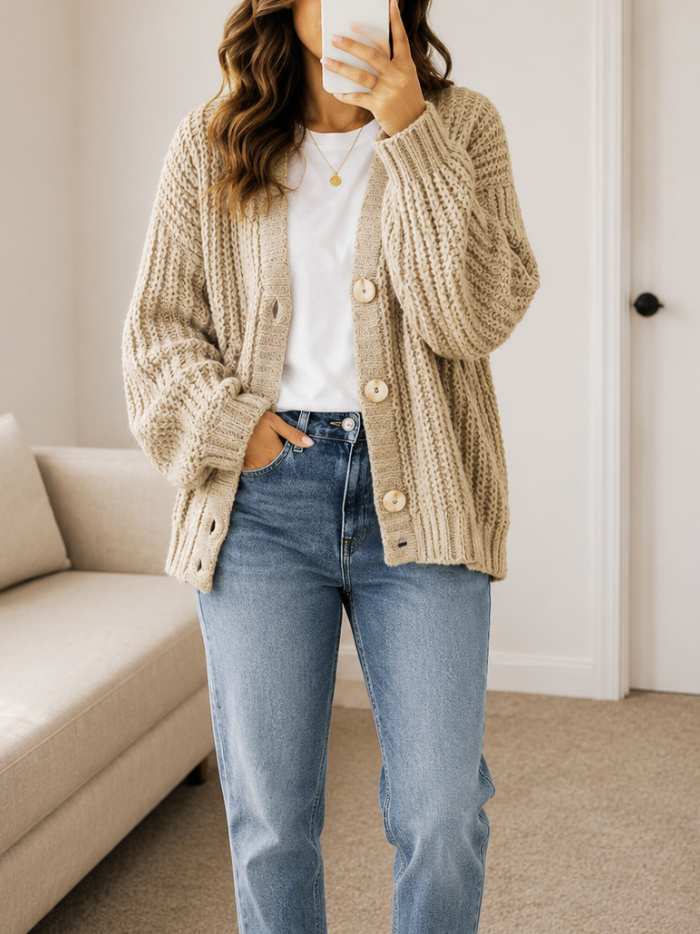 chunky knit cardigan for cozy layering over outfits