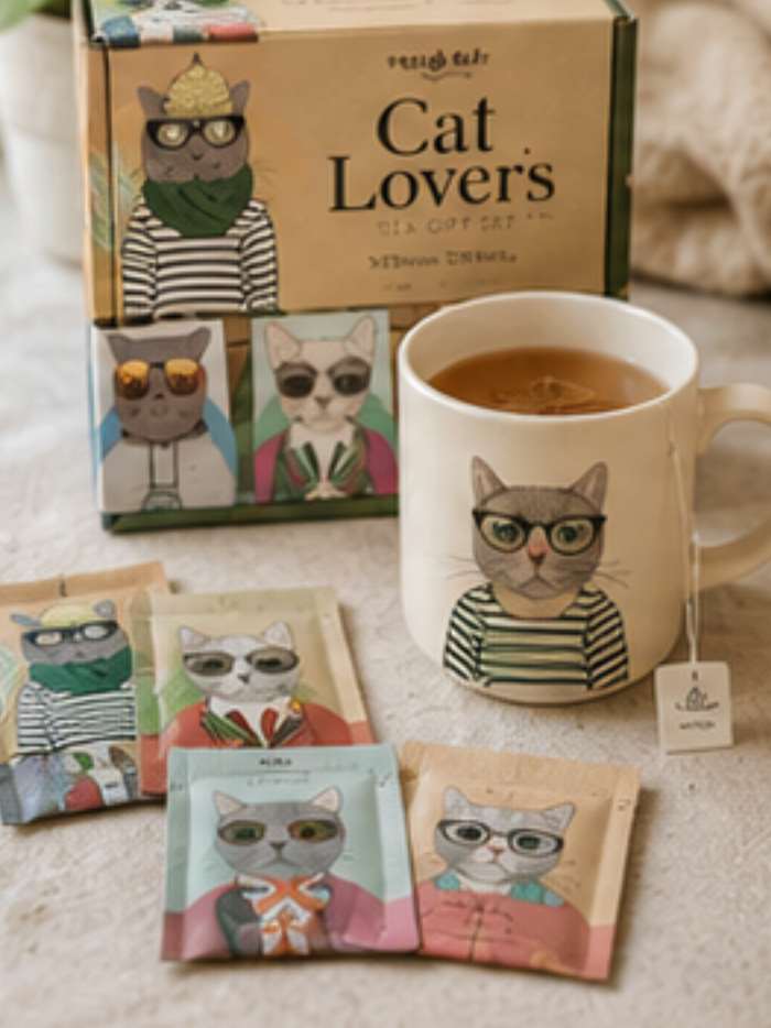 Cat-themed tea gift set with assorted tea flavors for cozy evenings and tea lovers