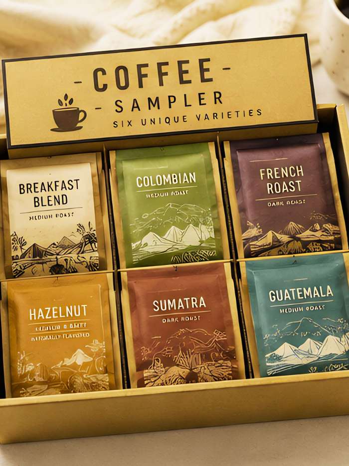 Coffee sampler gift box with different coffee varieties for someone who enjoys trying new flavors
