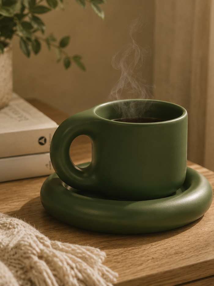 Ceramic mug used for coffee or tea during a quiet, cozy moment at home