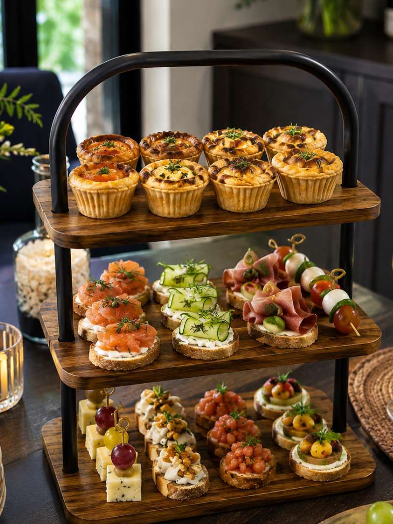 Tiered serving tray to organize appetizers and reduce table clutter during gatherings