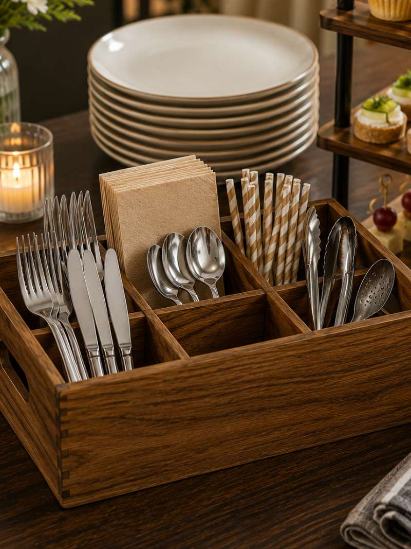 Wood utensil holder for organizing cutlery, napkins, and serving essentials