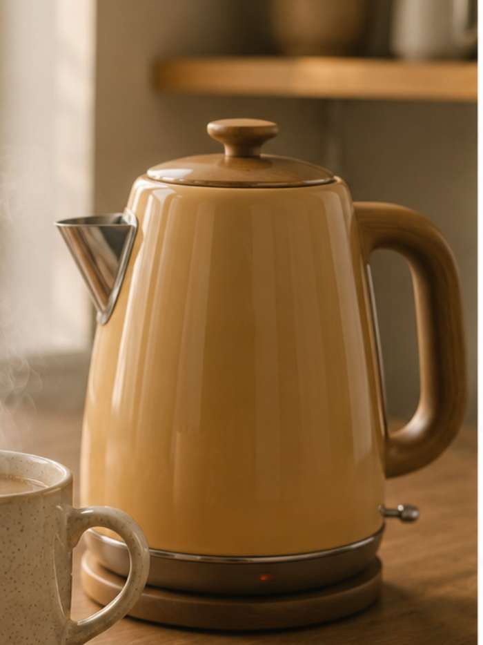 Electric kettle heating water for tea during a slow morning or cozy evening routine