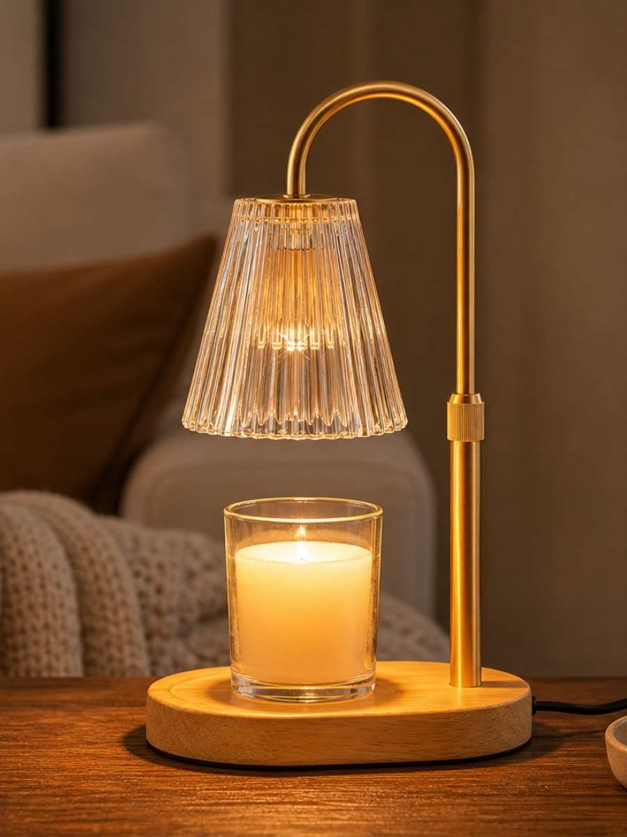 Candle warmer creating soft ambient light without an open flame in a cozy home setting