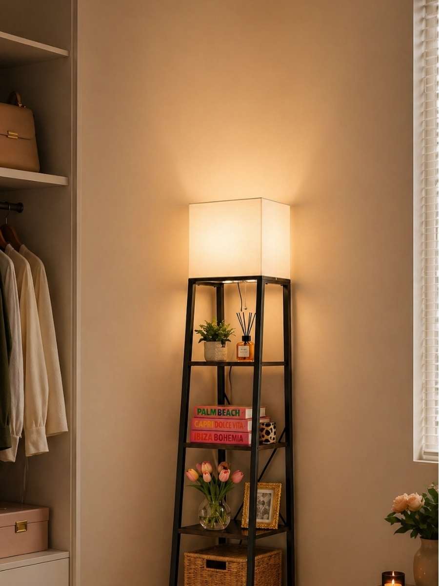 Floor lamp with shelves for small spaces