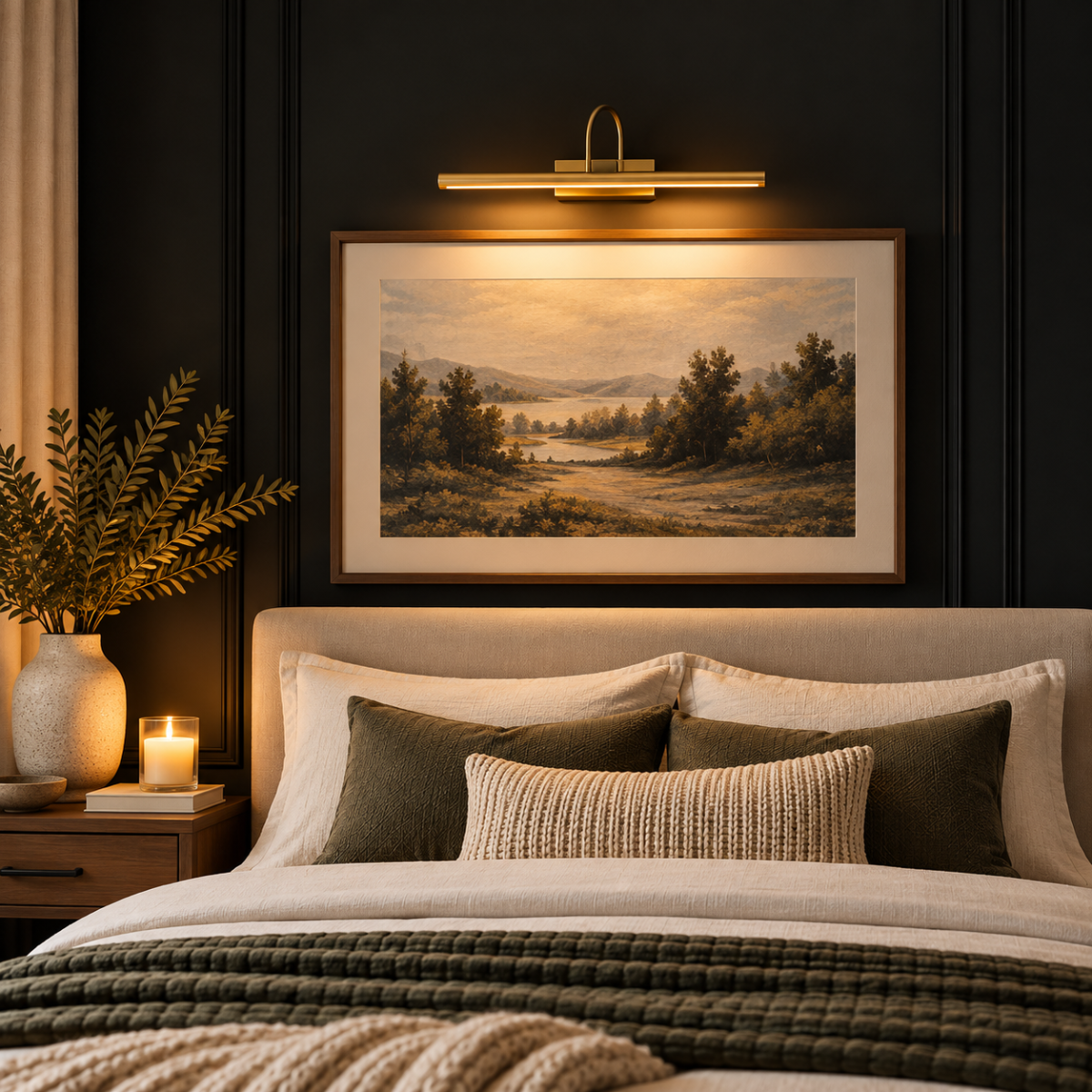 soft art light on a black wall in a cozy bedroom