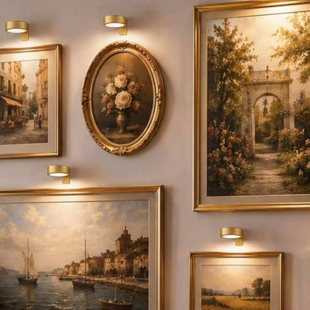 Wall mounted round art light with warm glow on a white wall
