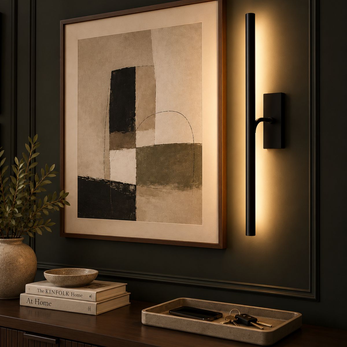 Vertical style wall art light with a warm glow on a white wall