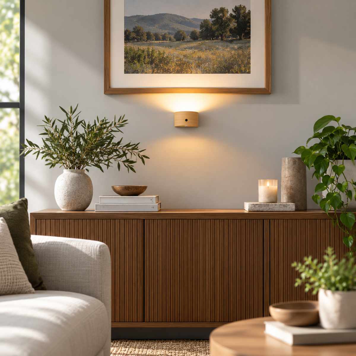 Wooden wall art light with a warm glow on a white wall