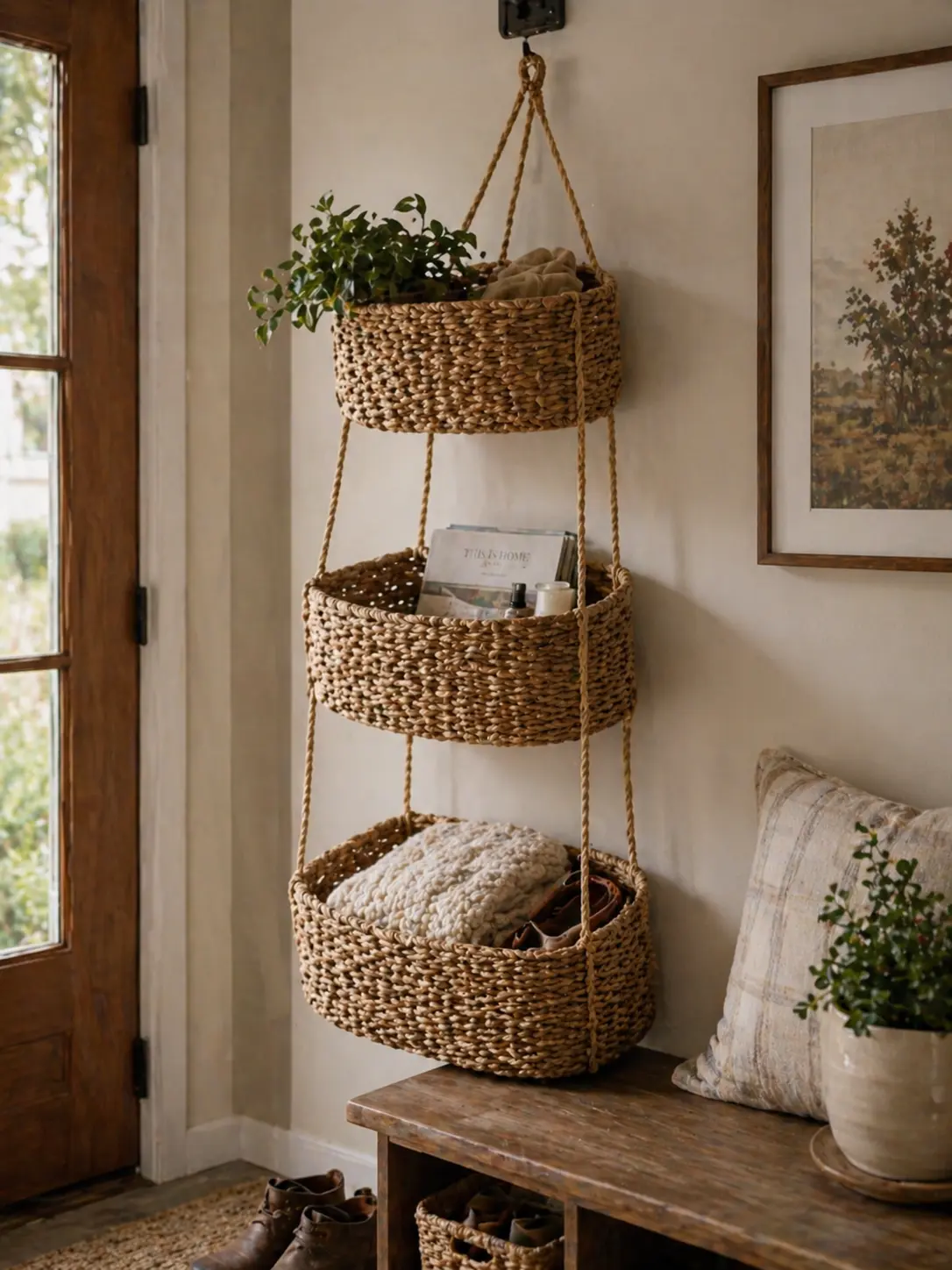 Wall-mounted storage for entryway organization