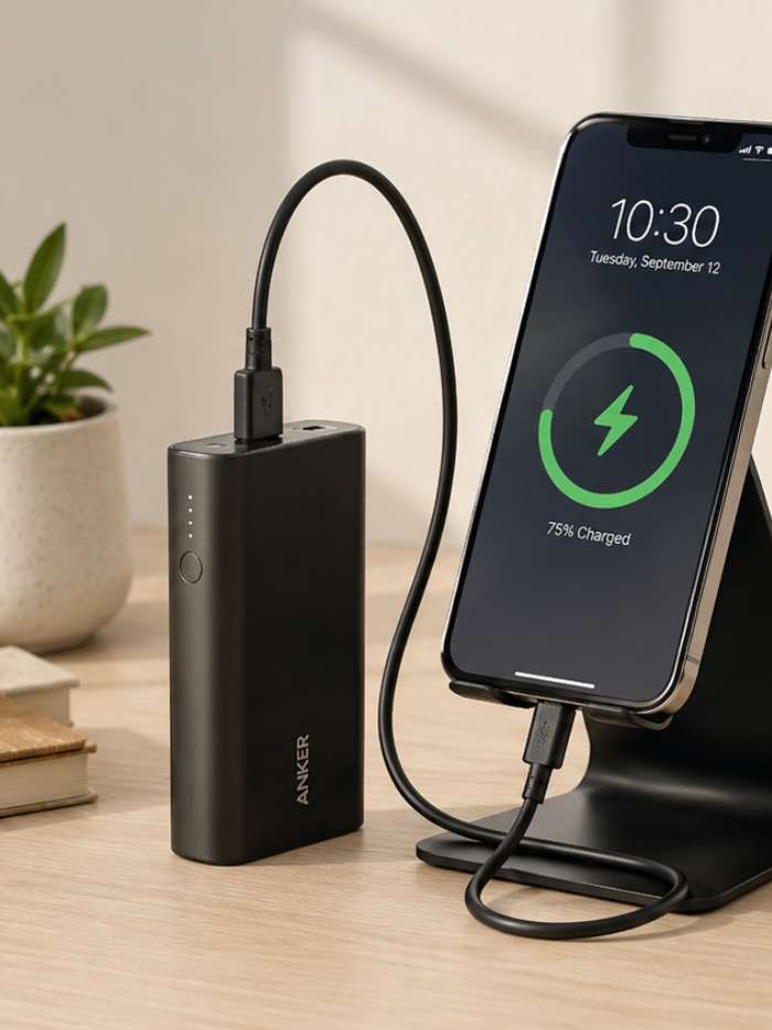 Portable charger powering a phone during commuting, travel, or long days out