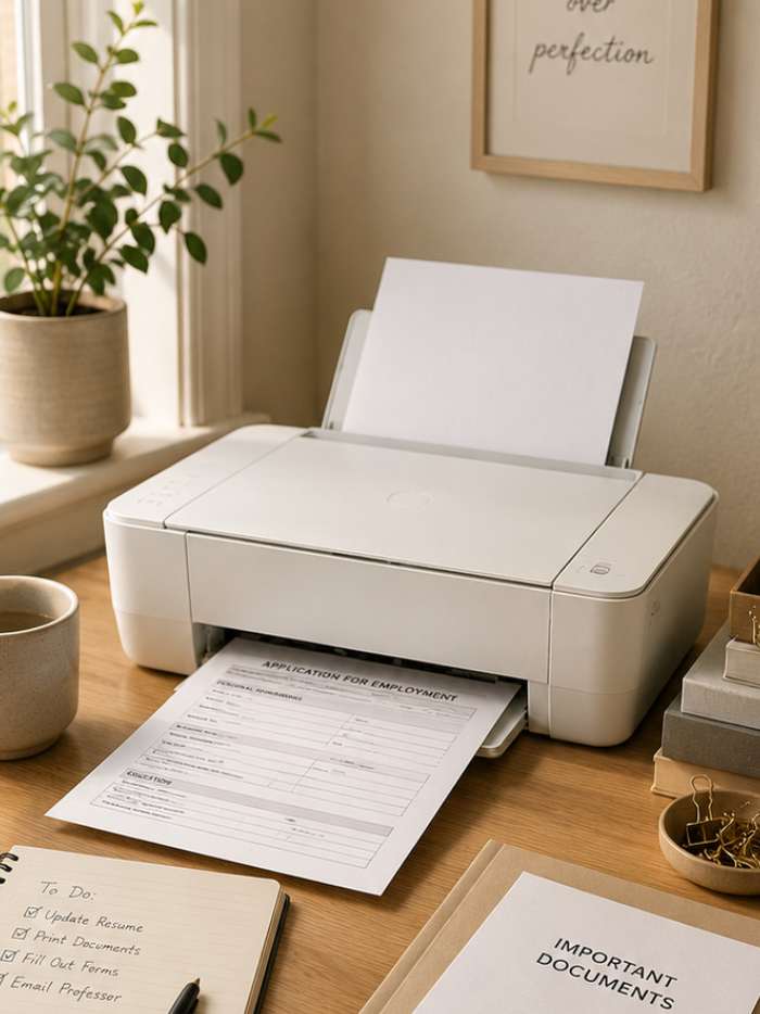 Compact wireless printer printing documents at home for resumes, forms, and paperwork